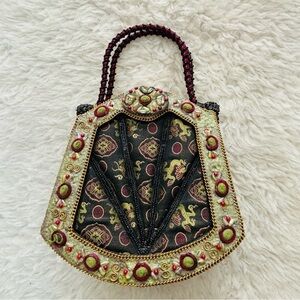Elegant Vintage Multicolor Beaded/Black Fabric Small Handbag
